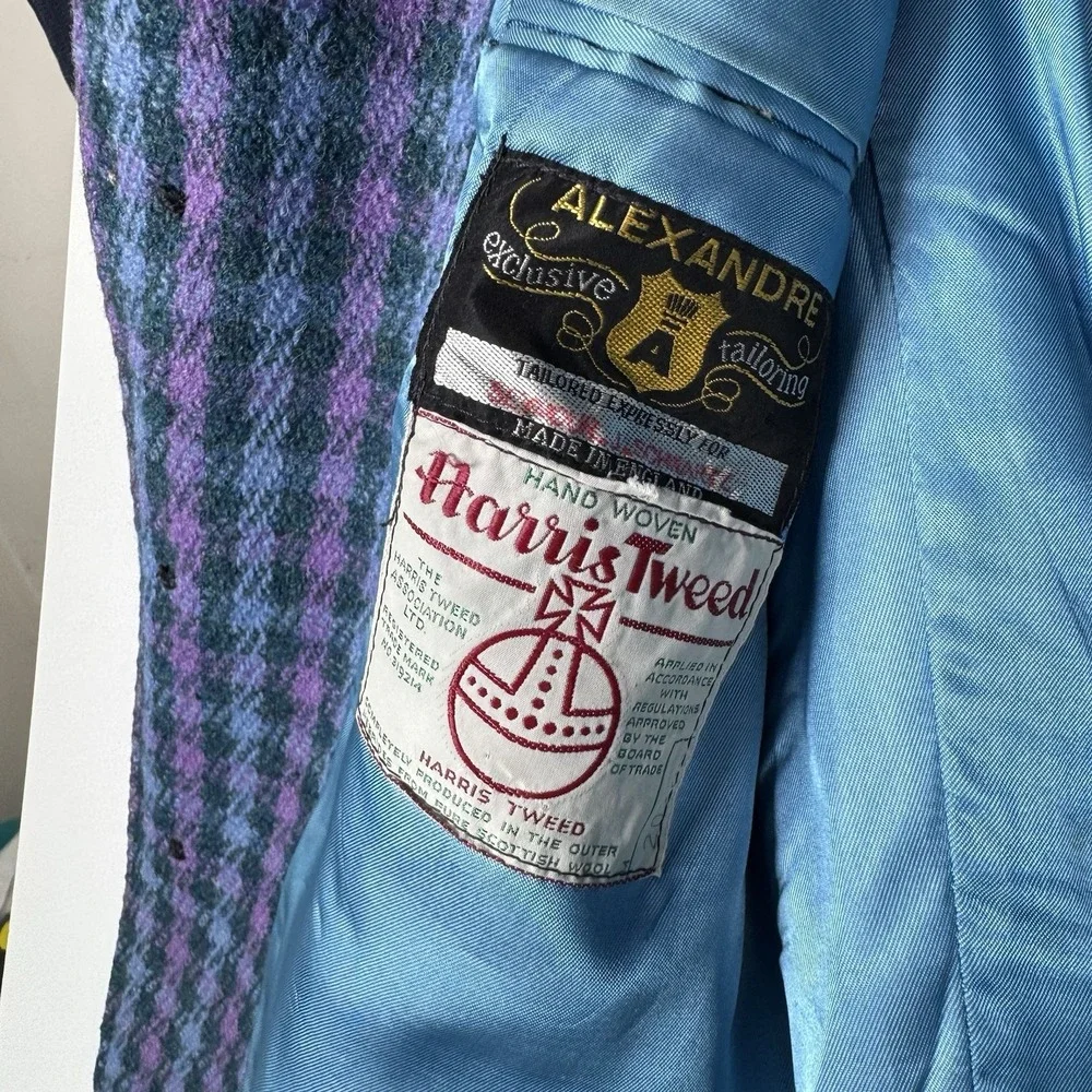 Vintage 80s ALEXANDRE Harris Tweed Wool Blazer Plaid Blue Purple - Fitted Large